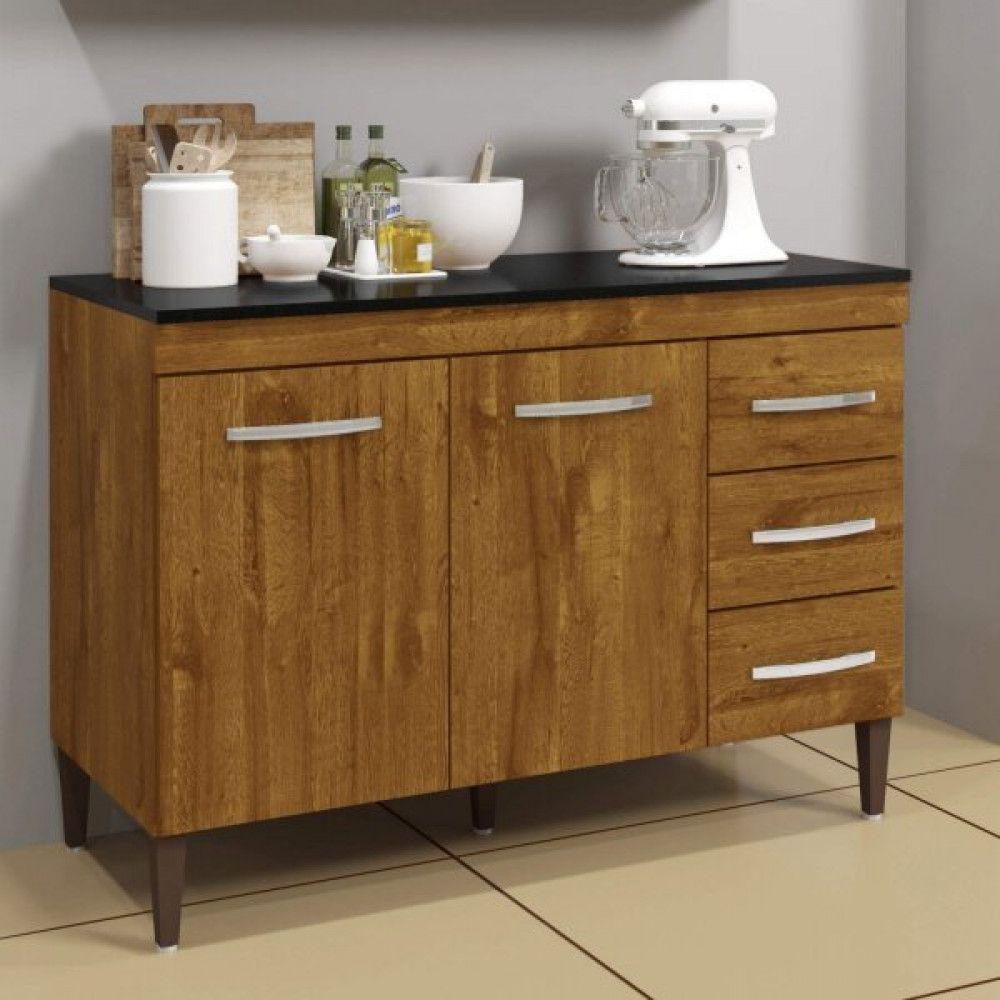 Balcão De Cozinha Virtus Com Tampo Ipê 3 Gavetas 2 Portas Kaiki Móveis - 4