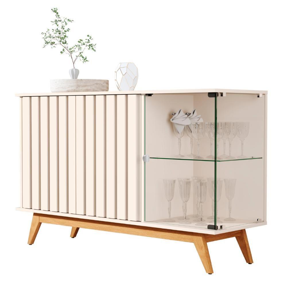 Buffet Ripado Com 3 Portas E Base De Madeira Paris Pérola - 1