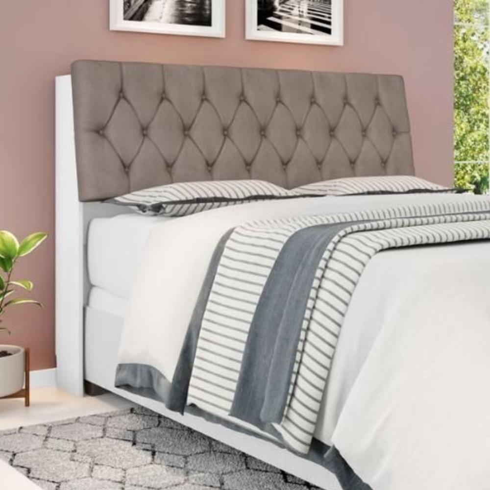 Cabeceira Box Queen Isis Branco Com Capitonê Bege Escuro - 1