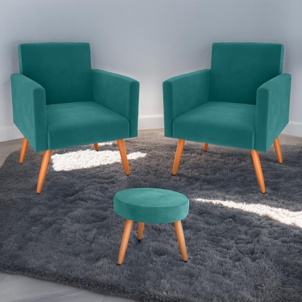 Conjunto Poltronas E Puff Anari Veludo Verde Menta - 1