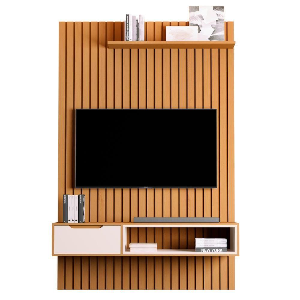 Rack E Painel Ripado Com 1 Gaveta Trapani Nature Pérola - 1