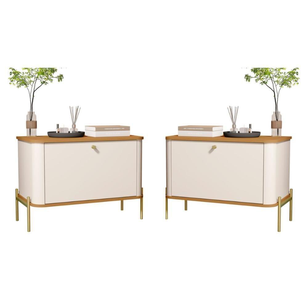 Conjunto Mesa De Cabeceira Albania Off White Nature Dourado - 1
