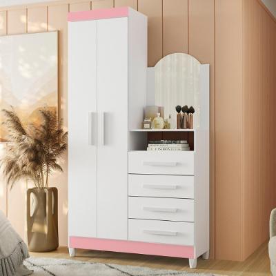Guarda Roupa Cômoda Infantil Georgia 2 Portas 4 Gavetas Rosa MDP-MDF com Espelho