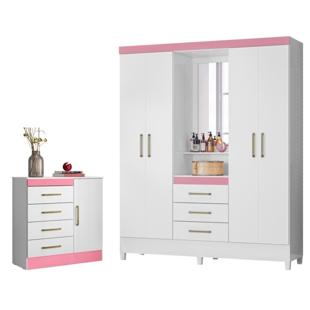 Conjunto Quarto Guarda Roupa E Comoda Arezzo Branco Rosa - 1