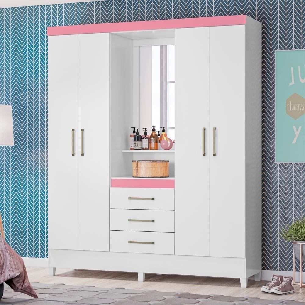 Conjunto Quarto Guarda Roupa E Comoda Arezzo Branco Rosa - 2
