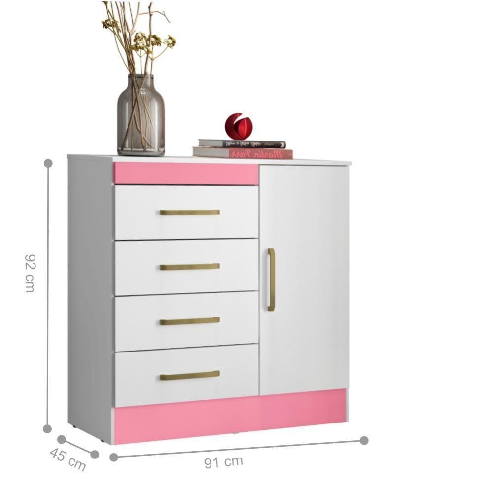 Conjunto Quarto Guarda Roupa E Comoda Arezzo Branco Rosa - 5