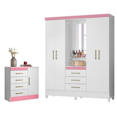 Conjunto Guarda Roupa e Cômoda Solteiro Arezzo 4 Portas Bater 3 Gavetas Branco Rosa MDP