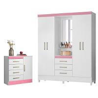 Conjunto Quarto Guarda Roupa E Comoda Arezzo Branco Rosa - 1