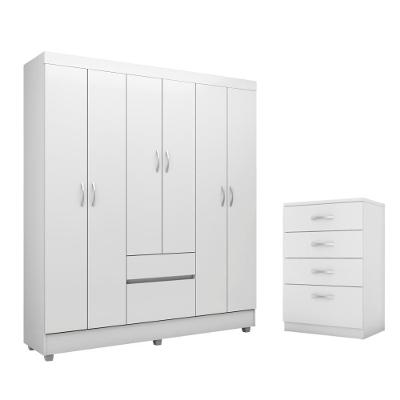 Conjunto Guarda Roupa Casal e Comoda Forggia 6 Portas 2 Gavetas Branco MDP