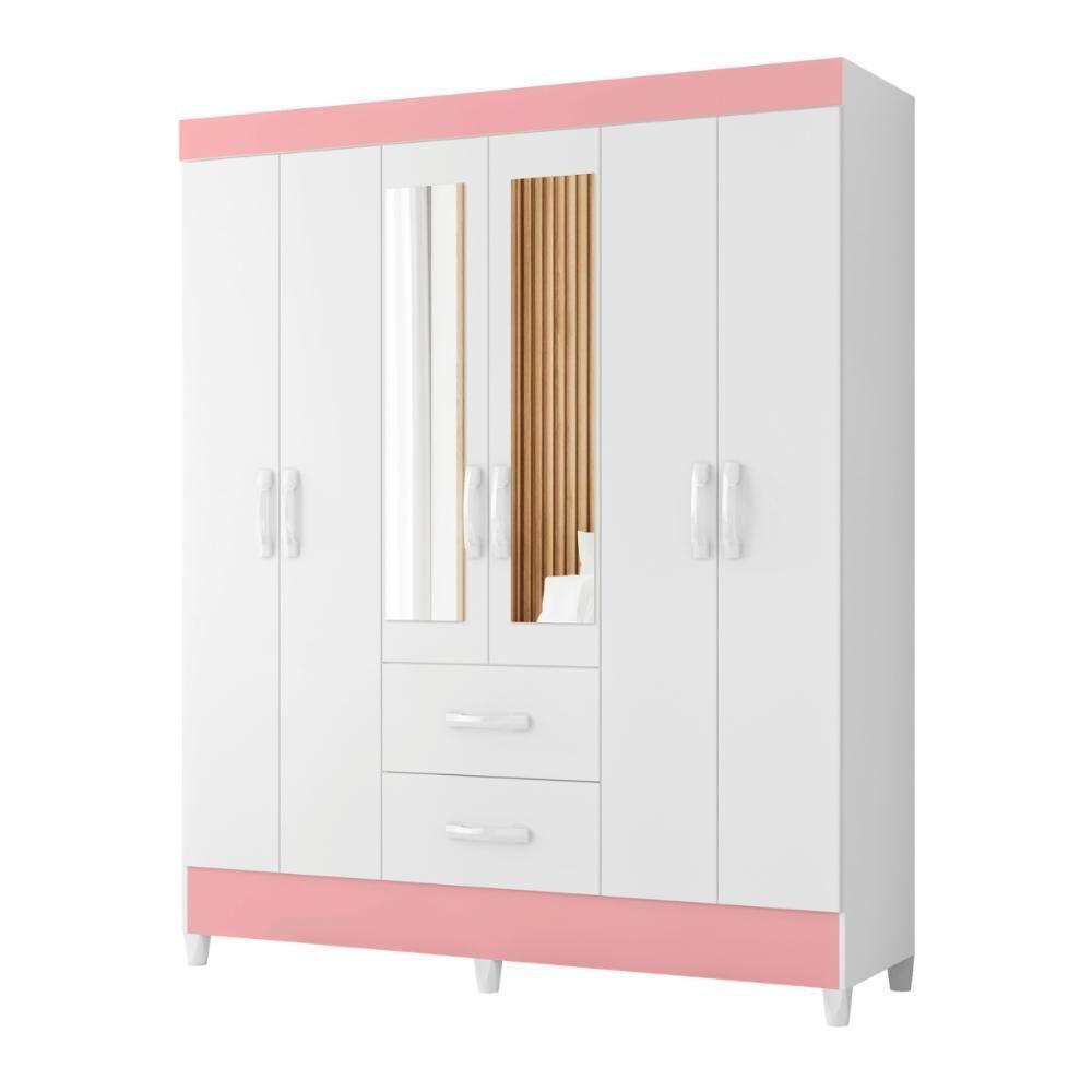 Guarda Roupa 6 Portas Cancun Com Espelho Branco Rosa - 2