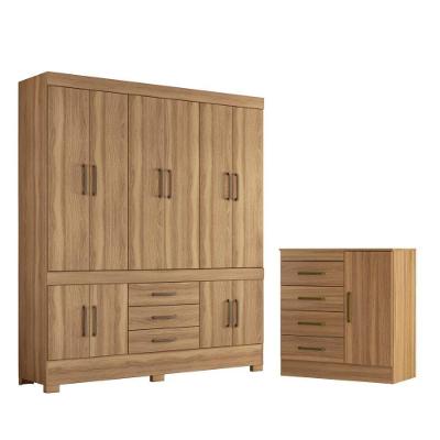 Conjunto Guarda Roupa e Cômoda Casal Emilia 10 Portas Bater 7 Gavetas Amêndola MDP