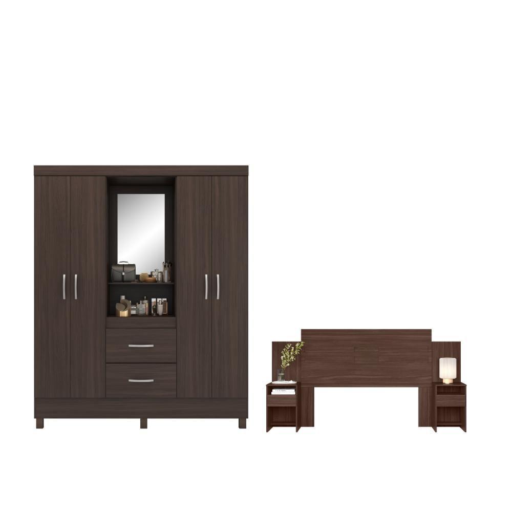 Conjunto Guarda Roupa 4 Portas E Cabeceira Lorena Cafe Touch - 3