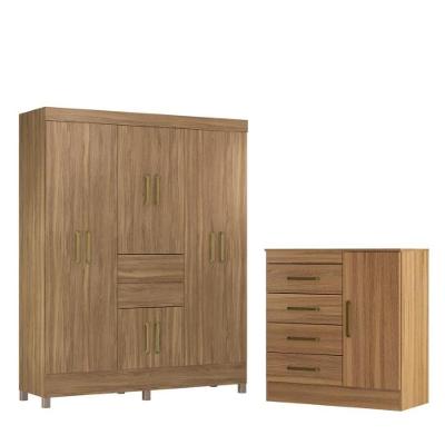 Conjunto Guarda Roupa e Comoda Casal Terni 8 Portas Bater 6 Gavetas Amêndola MDP