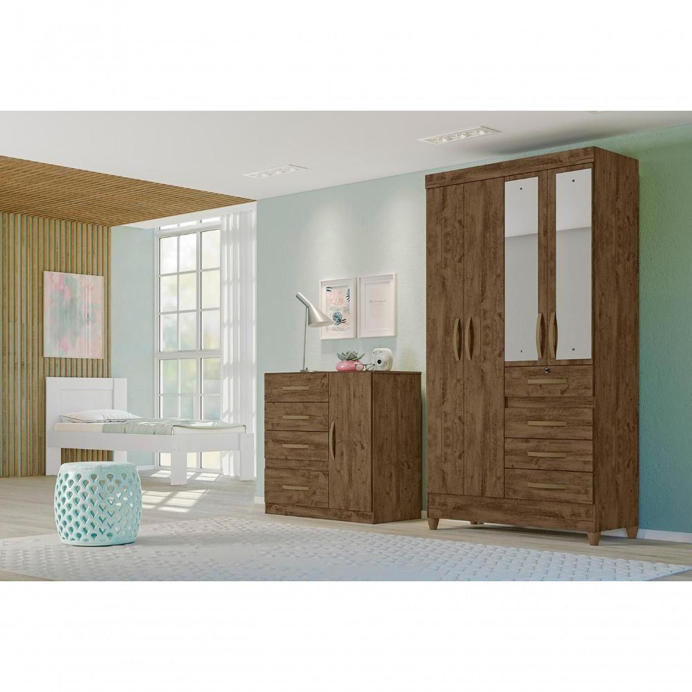 Conjunto Guarda Roupa Com Espelho E Cômoda Seicheles Castanho Wood - 7