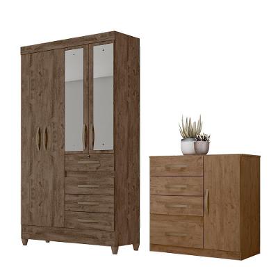 Conjunto Guarda Roupa Casal com Cômoda Seicheles 5 Portas de Bater 8 Gavetas MDP Castanho Wood