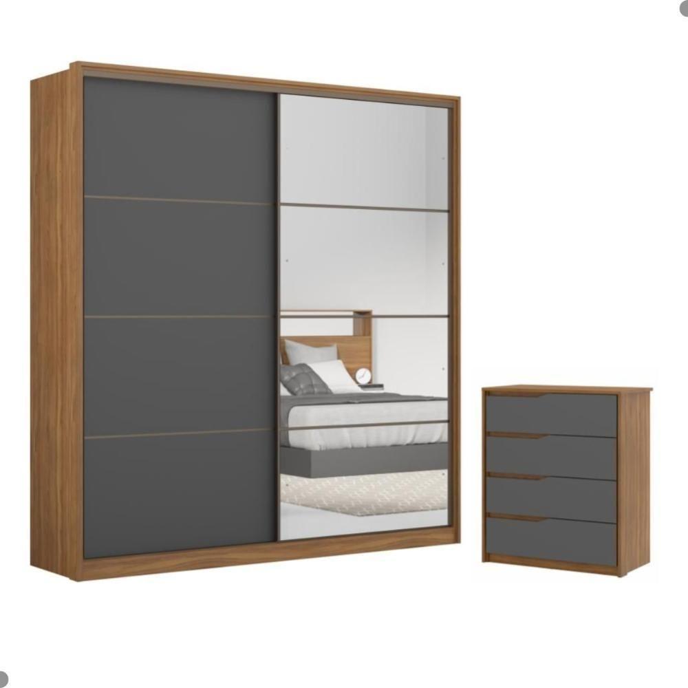 Conjunto Quarto Guarda Roupa Com Espelho E Comoda Napolis Amendola Grafito - 1