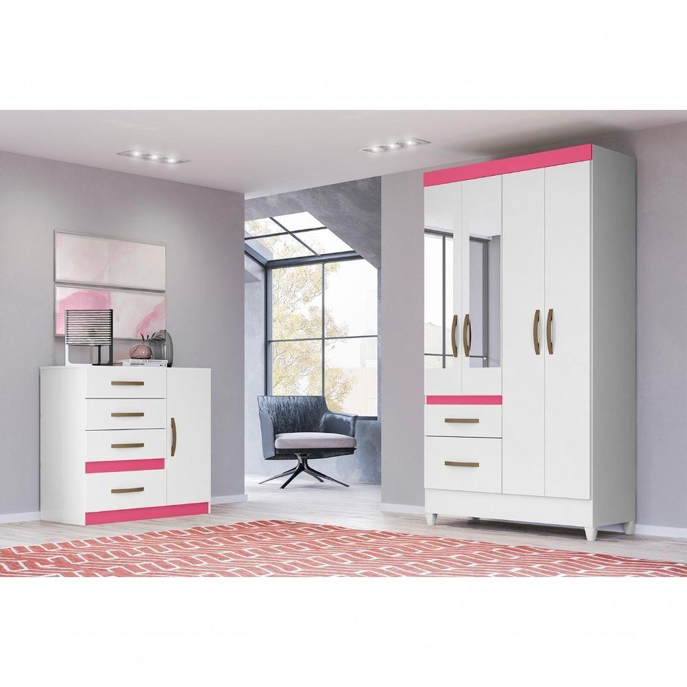 Conjunto Guarda Roupa Com Espelho E Cômoda Petra Branco Rosa Azul Lilás - 7