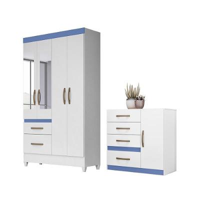 Conjunto Guarda Roupa Solteiro Petra 4 Portas de Bater 4 Gavetas MDP com Cômoda