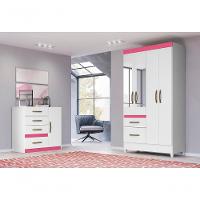 Conjunto Guarda Roupa Com Espelho E Cômoda Petra Branco Rosa Azul Lilás - 7