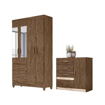 Conjunto Guarda Roupa Com Espelho E Cômoda Petra Castanho Wood Avelã