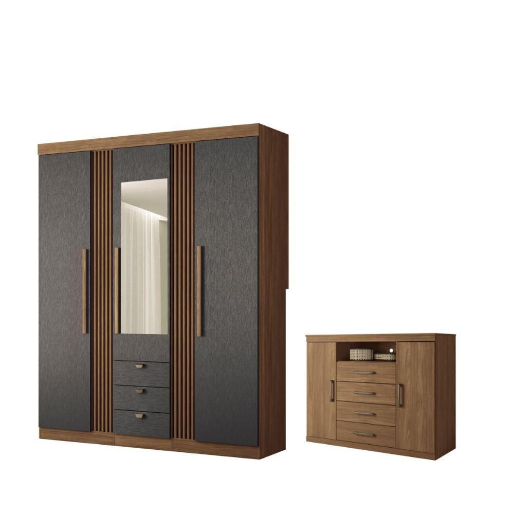 Kit Guarda Roupa Espelho E Cômoda Denver Jatoba Grafite - 1