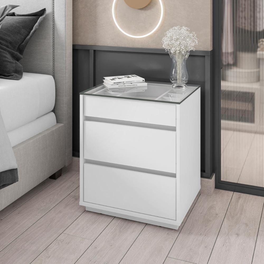 Mesa De Cabeceira 3 Gavetas Tampo De Vidro Taipei Branco - 4