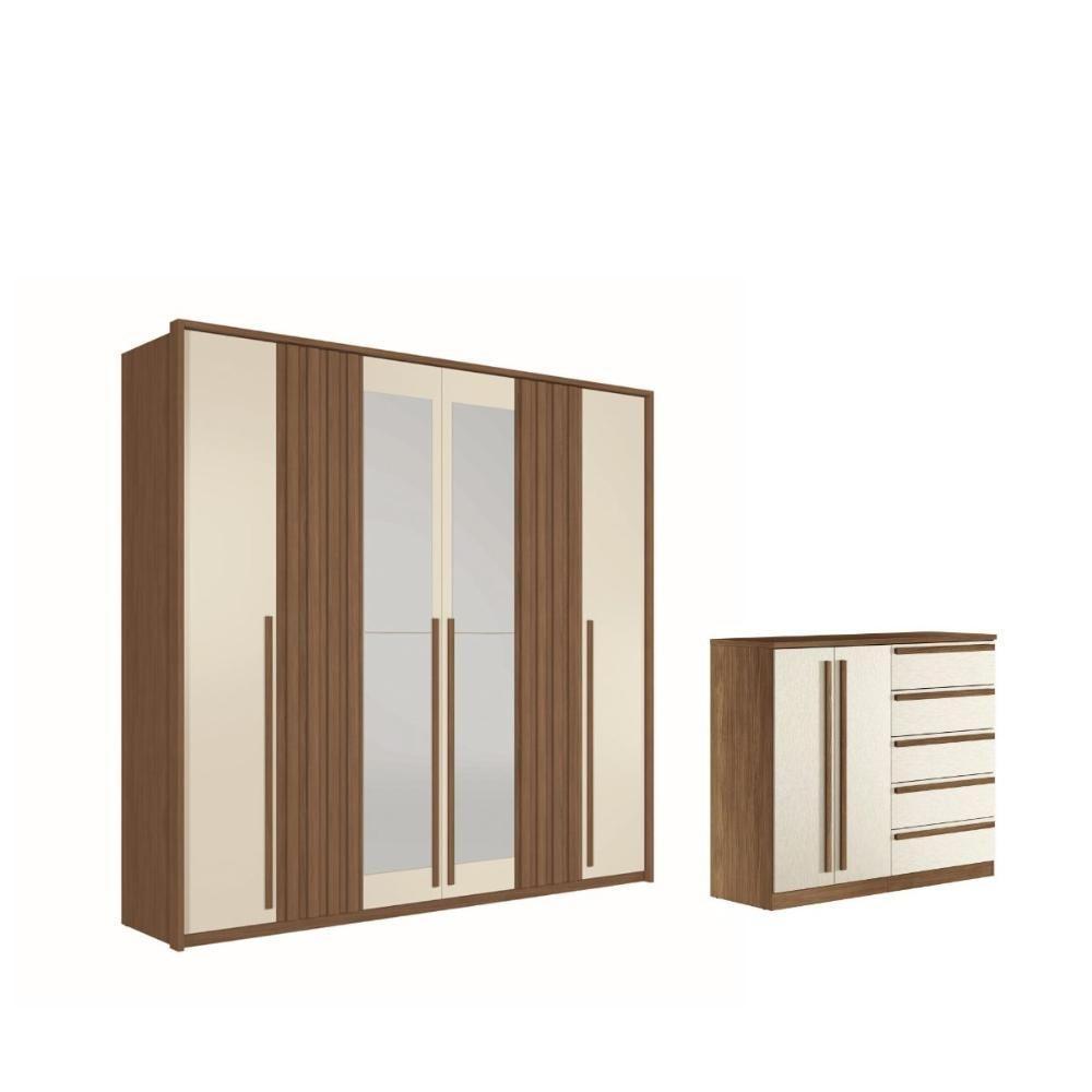 Kit Guarda Roupa 6 Portas Espelho E Cômoda Cotia Jatoba Areia - 1