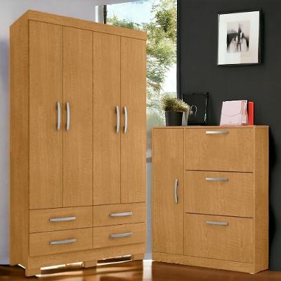 Conjunto Guarda Roupa e Sapateira Casal Coutos 4 Portas de Bater 4 Gavetas Naturalle