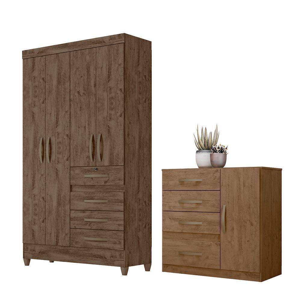 Conjunto Guarda Roupa E Cômoda Seicheles Castanho Wood - 1