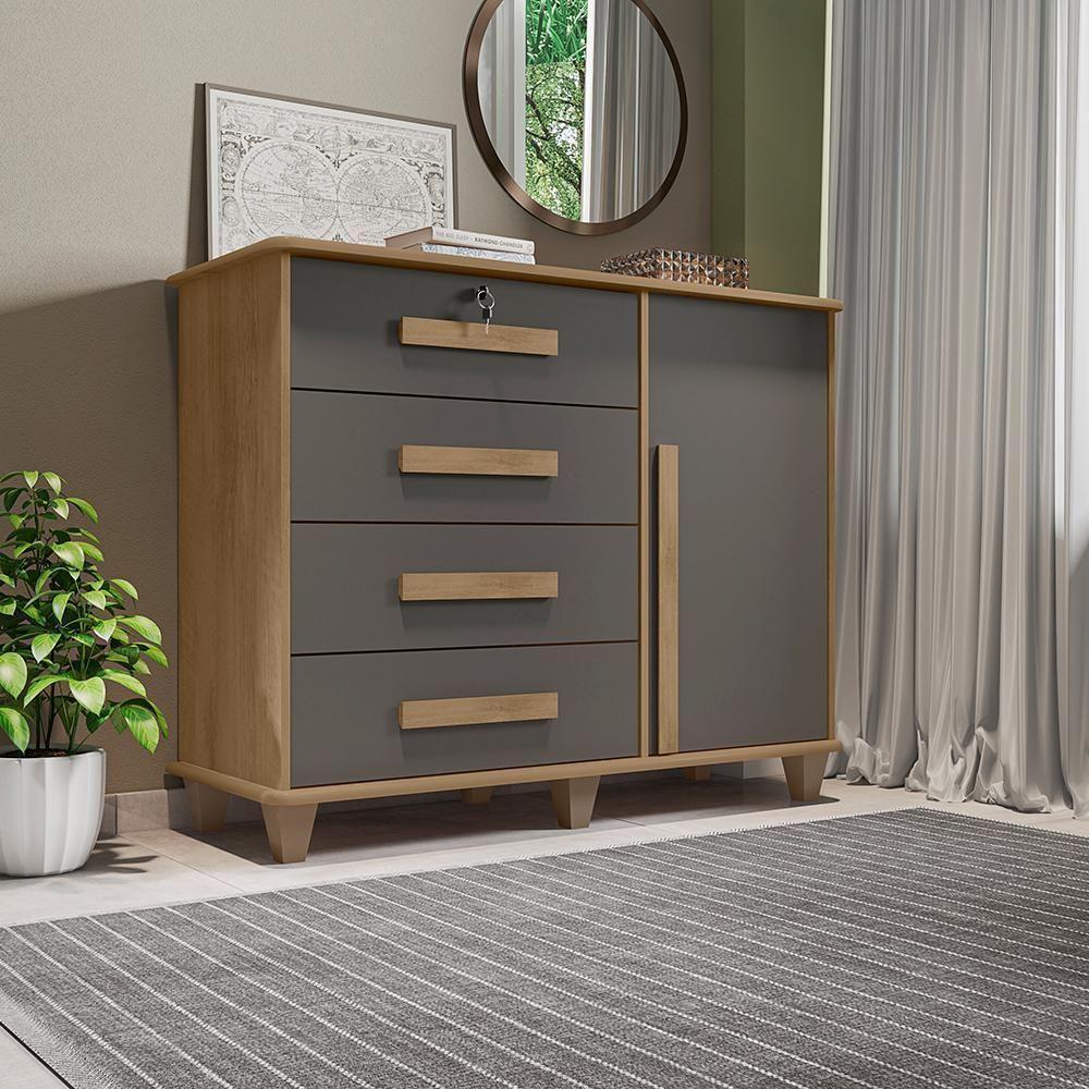 Cômoda Com 4 Gavetas Lyons Cinamomo Grafite - 1