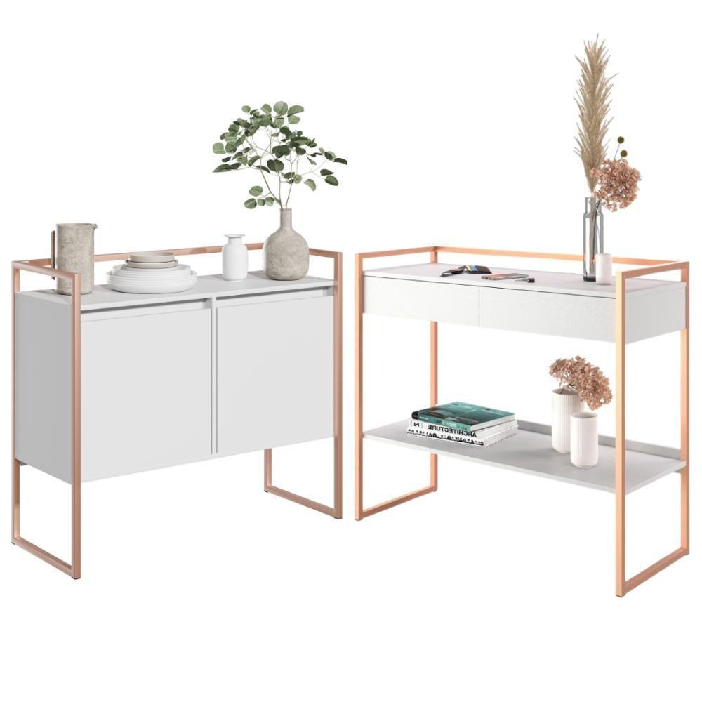 Conjunto Buffet 2 Portas E Aparador Industrial Branco Cobre - 1