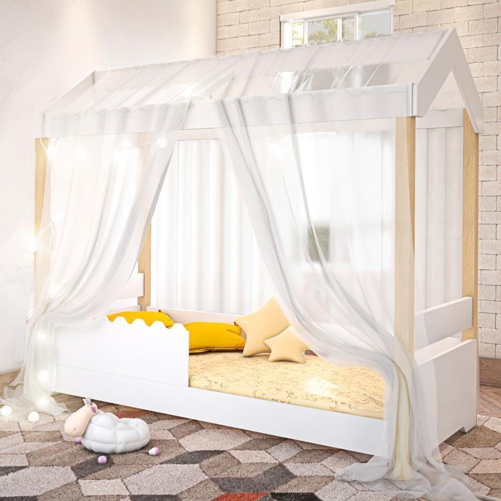 Cama Jéssica Solteiro Branco Voal Branco Com Colchão E Led - 1