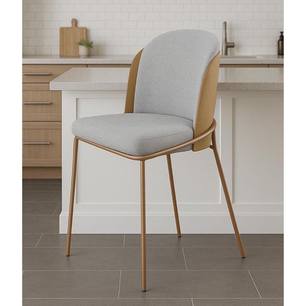 Cadeira Estofada Compossê Com Base Em Aço Carbono Pintura Epóxi – Maya Exclusiva Linho Lincoln Cinza - Champanhe Epóxi - 1