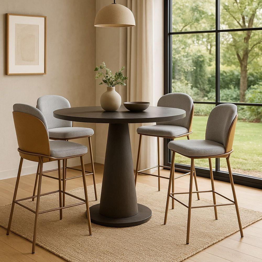 Kit Com 4 Banquetas Cristal Com Encosto Estofado E Base Em Aço Champanhe – Exclusiva Linho Lincoln Cinza - 1