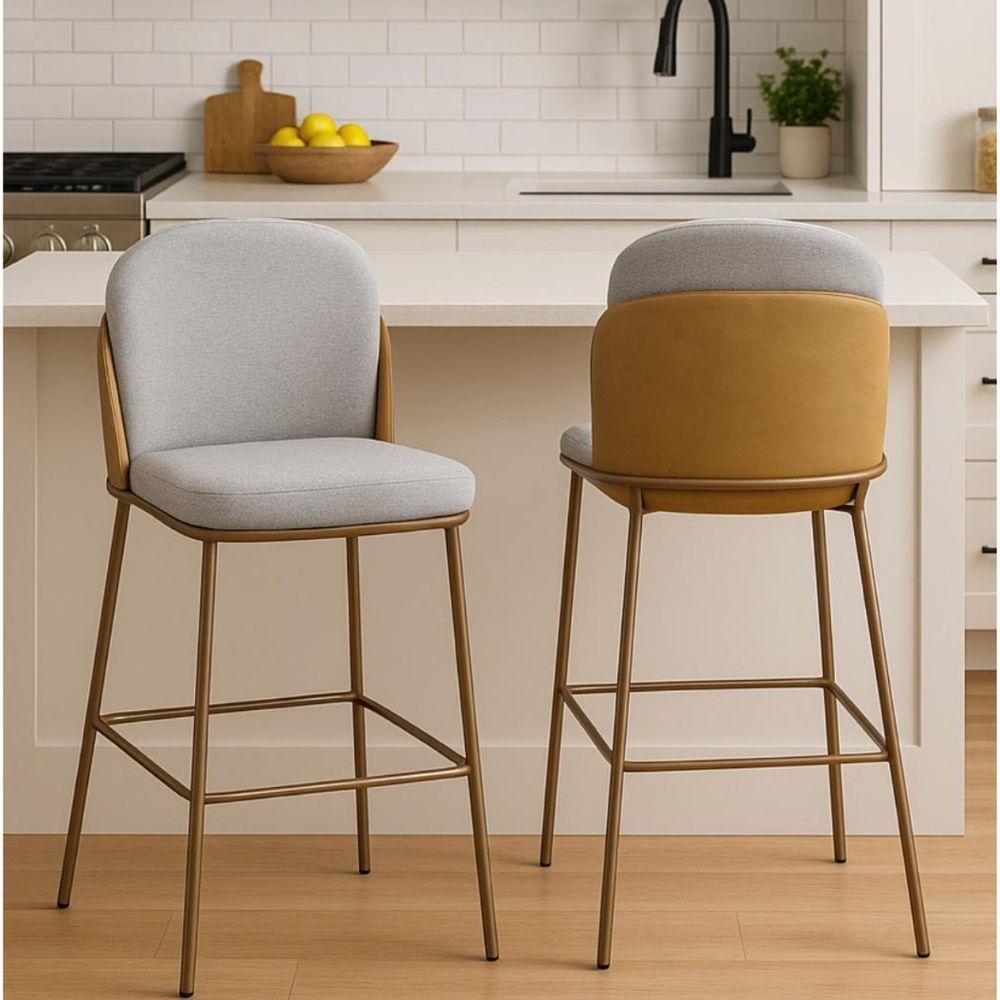 Kit Com 4 Banquetas Cristal Com Encosto Estofado E Base Em Aço Champanhe – Exclusiva Linho Lincoln Cinza - 6