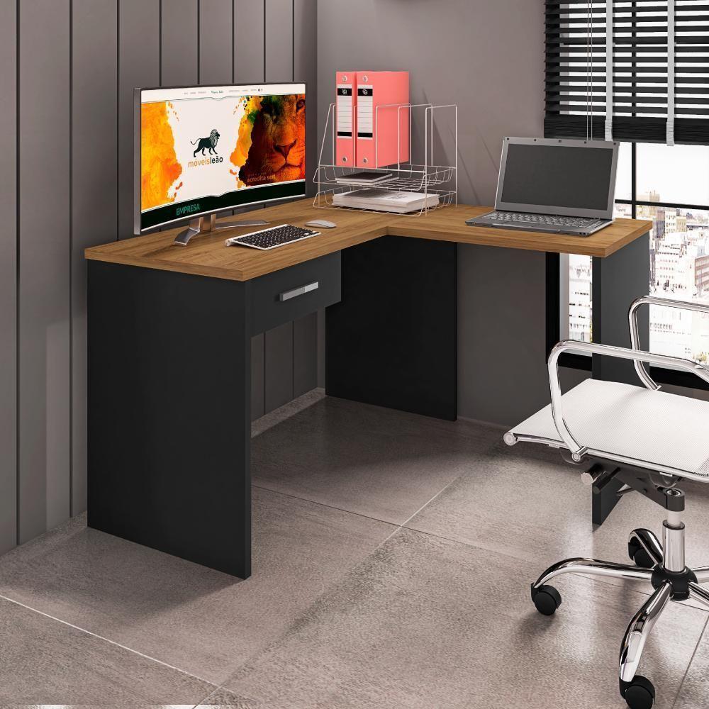 Mesa Em L Com Gaveta Nikola Preto Trama Freijó - 1