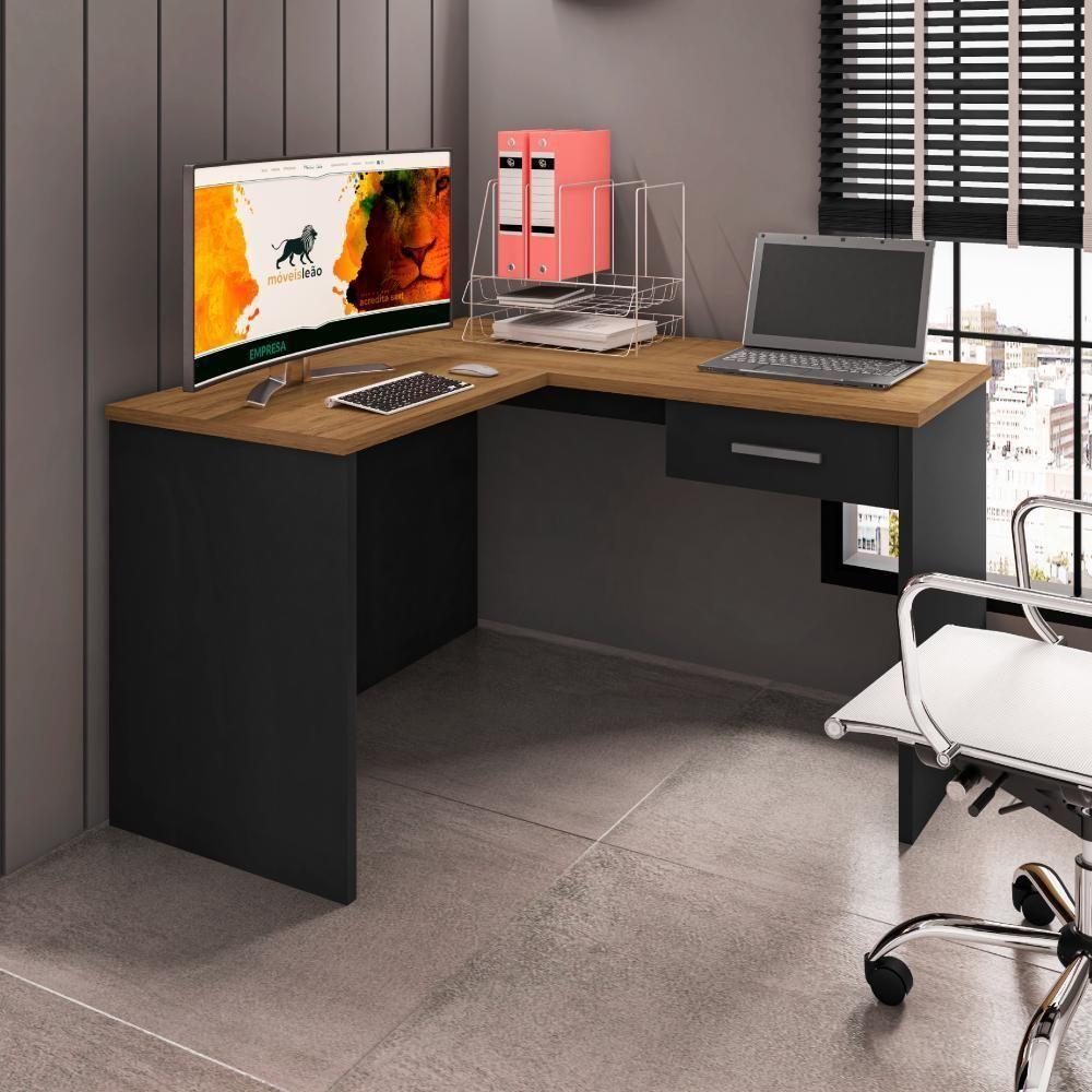 Mesa Em L Com Gaveta Nikola Preto Trama Freijó - 3