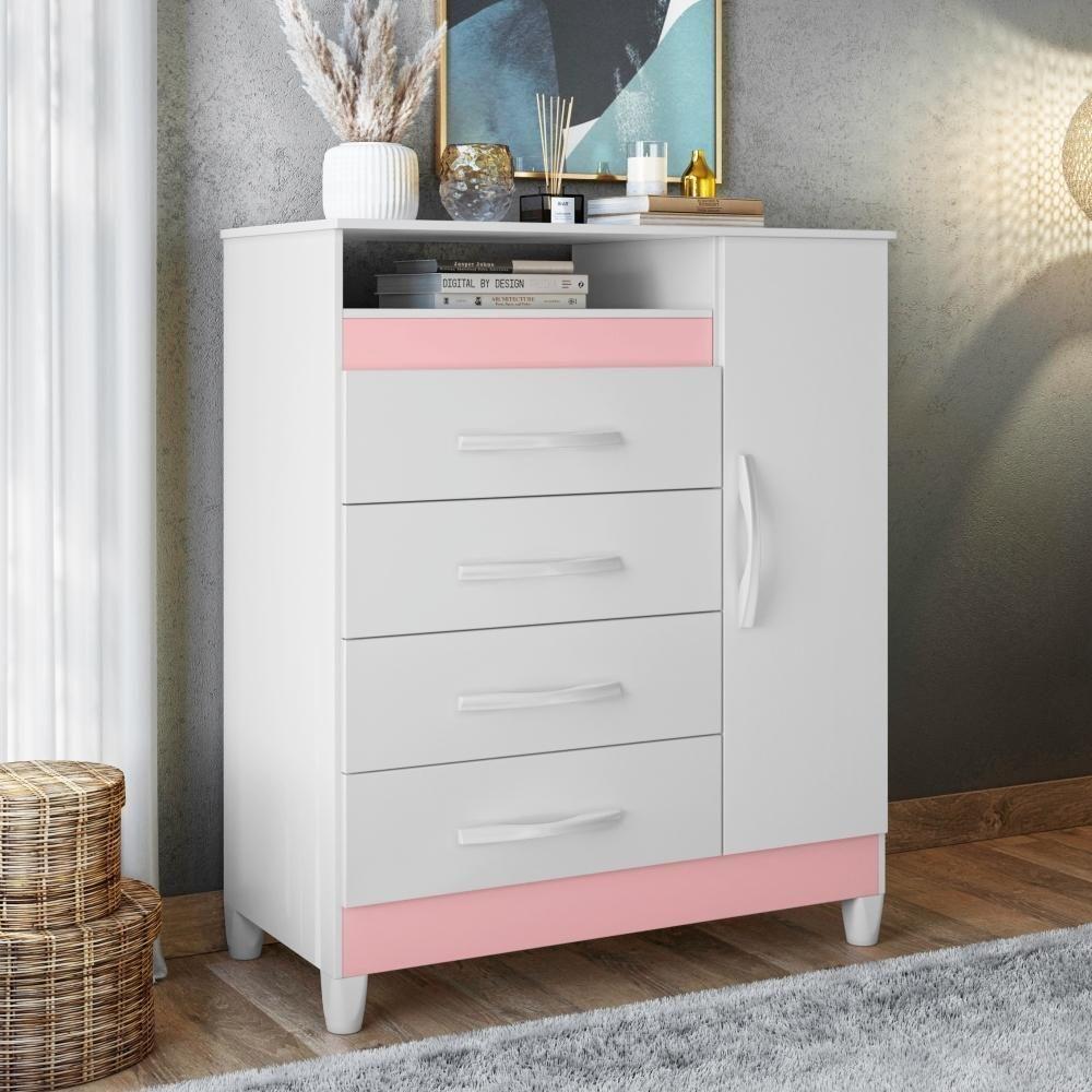 Cômoda Reyna Branco/titanium Azul Rosa 4 Gavetas - 4