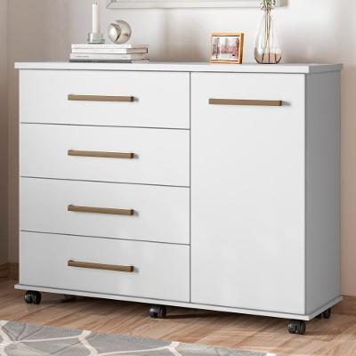 Cômoda Flynn com Rodízios 4 Gavetas em MDF Branco com Porta e Cabideiro Interno