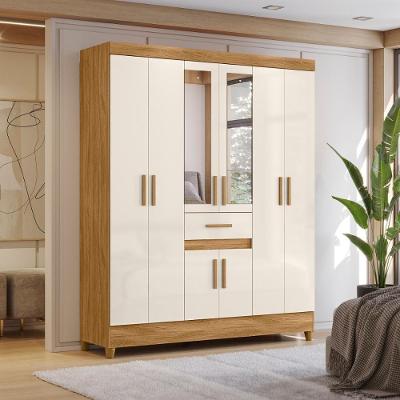 Guarda Roupa Solteiro Steven 8 Portas 1 Gaveta Naturale-Branco MDP com Espelho
