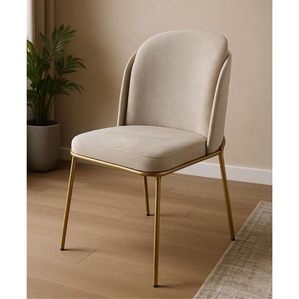 Cadeira Estofada Com Encosto Curvo E Base Em Aço Carbono – Luna Exclusiva Linho Lincoln Bege - Dourado Automotivo - 1