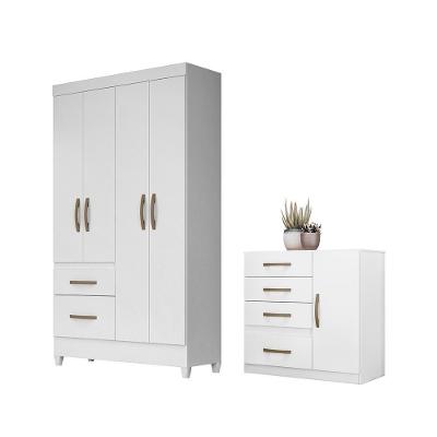 Conjunto Guarda Roupa e Cômoda Petra 4 Portas de Bater 6 Gavetas MDP Branco Rosa Azul Lilás