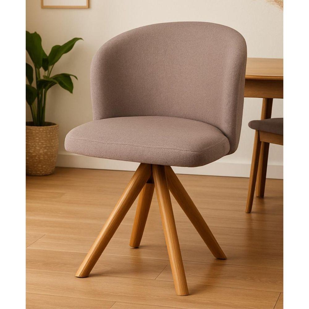 Cadeira Giratória Com Assento Estofado E Base Em Madeira Maciça – Antonela Exclusiva Linho Cacau - Castanho - 1