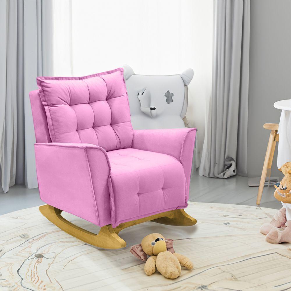 Poltrona Amamentação De Balanço Helena + Puff Veludo Quarto Rosa - 5