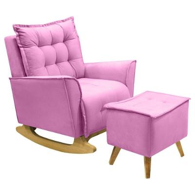 Poltrona Amamentação De Balanço Helena + Puff Veludo Quarto Rosa