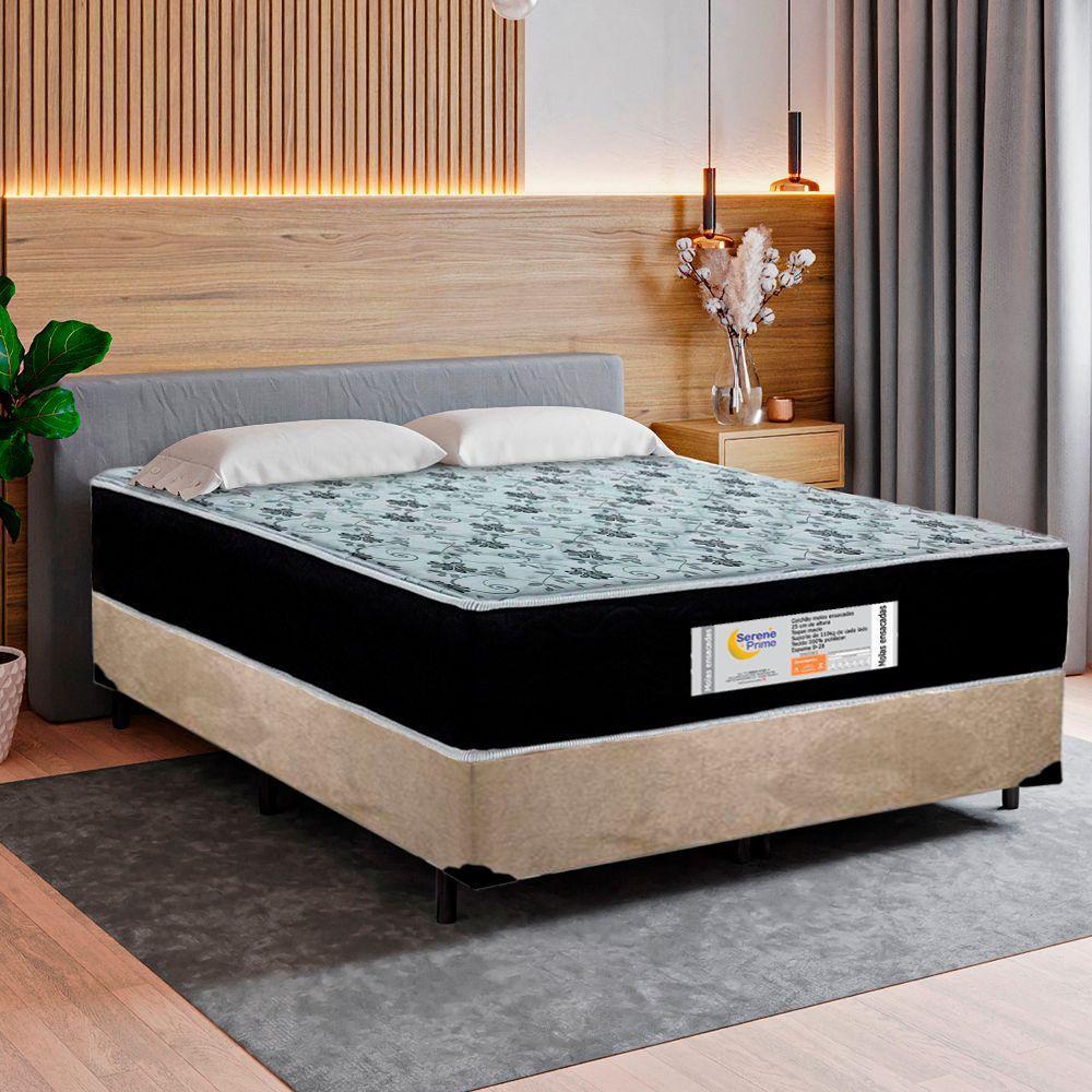 Cama Box Casal Suede + Colchão Molas Ensacadas Sereneprime Sonnolux 138cm Bege - Suporta Até 110kg Por Pessoa - 2