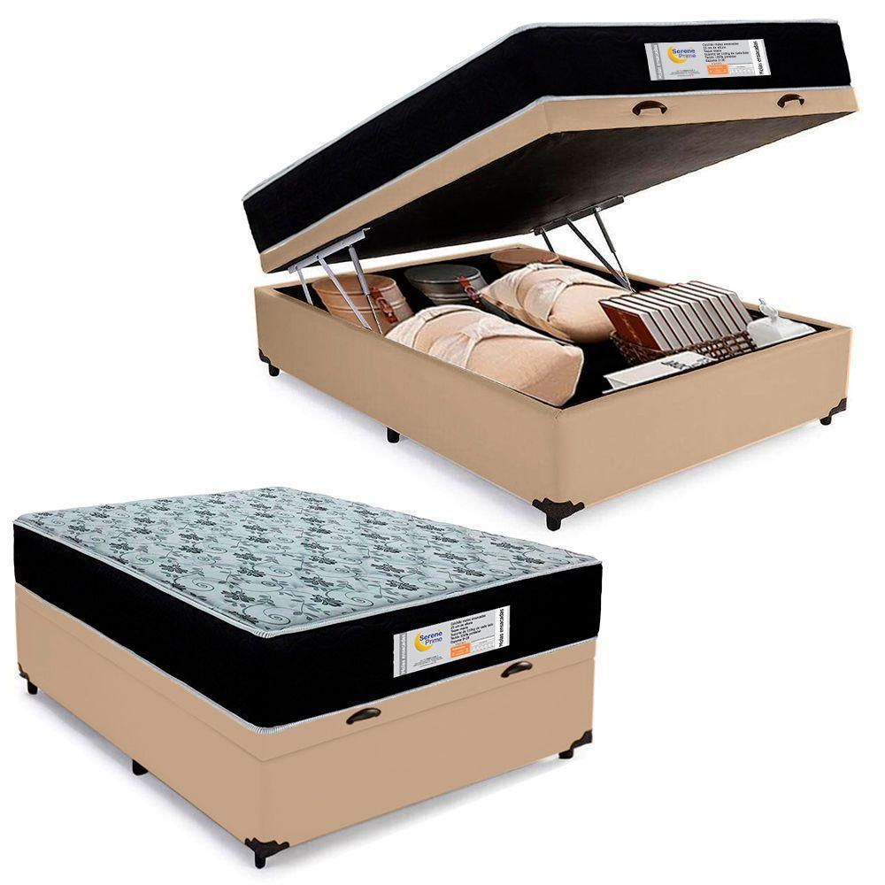 Cama Box Baú Casal Sintético + Colchão Molas Ensacadas Sereneprime Sonnolux 138cm Bege - Suporta Até 110kg Por Pessoa - 1