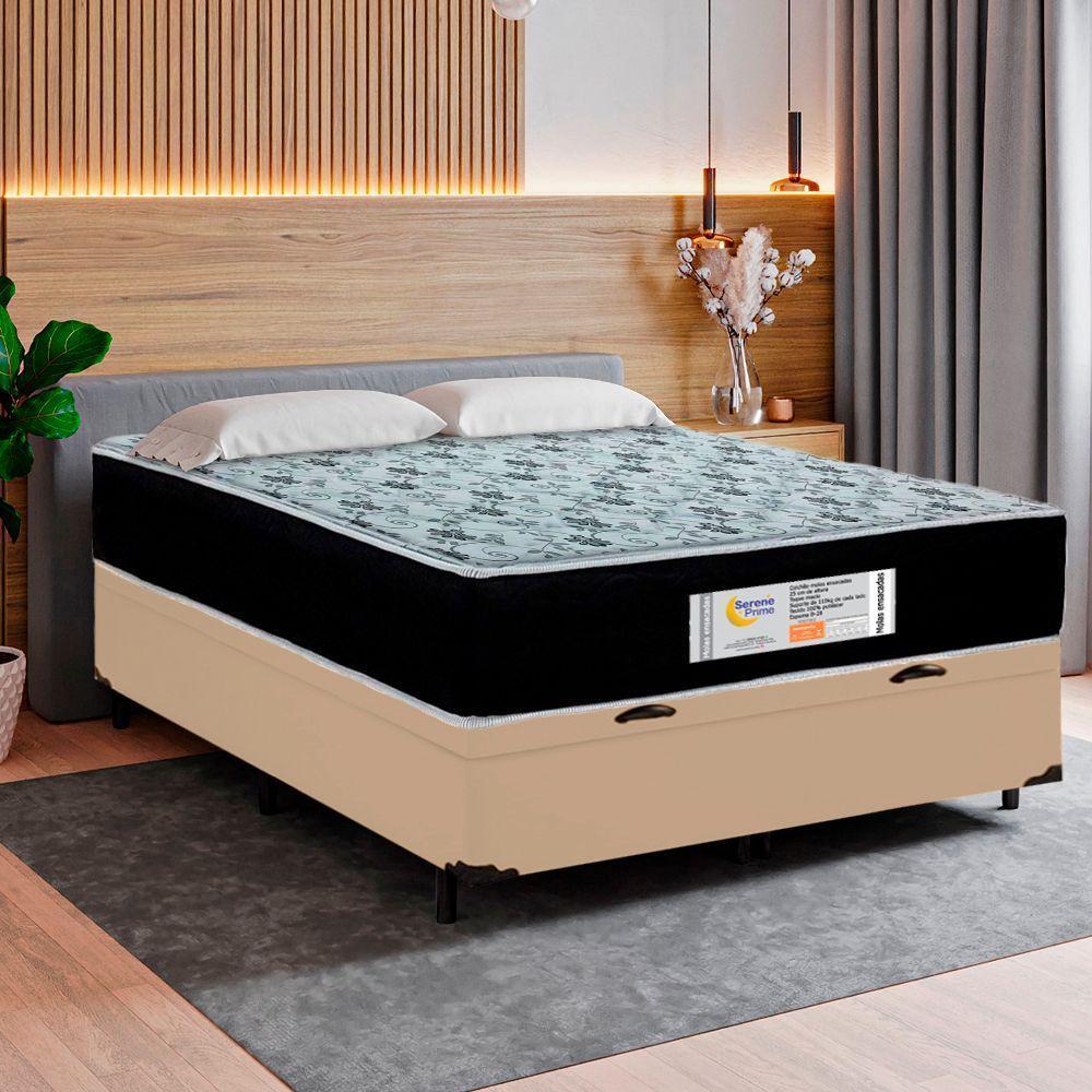 Cama Box Baú Casal Sintético + Colchão Molas Ensacadas Sereneprime Sonnolux 138cm Bege - Suporta Até 110kg Por Pessoa - 2