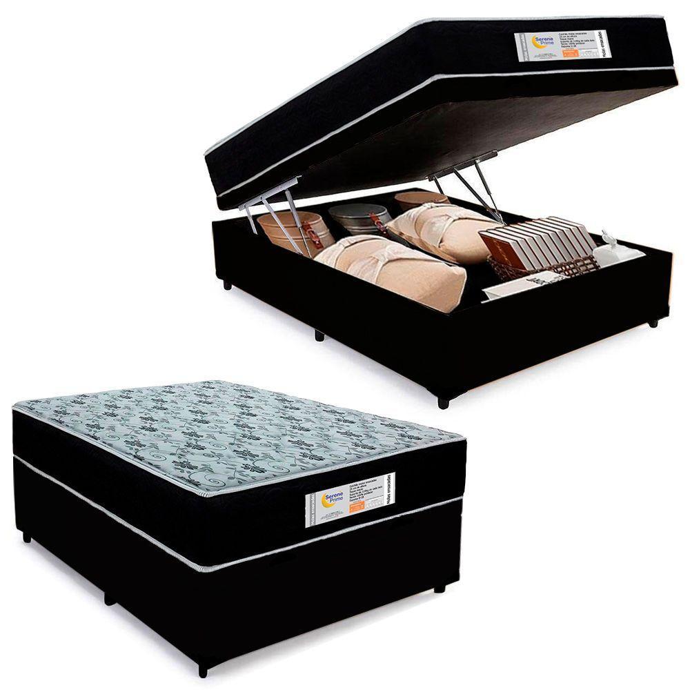 Cama Box Baú Casal Sintético + Colchão Molas Ensacadas Sereneprime Sonnolux 138cm Preto - Suporta Até 110kg Por Pessoa - 1