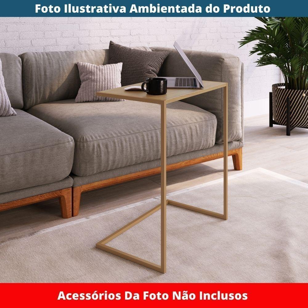 Mesa Lateral Apoio Sofá P/ Notebook Artesano 58 Cm (larg) Mdp Hanover (mel) Base Aço Carbono Dourado - 3